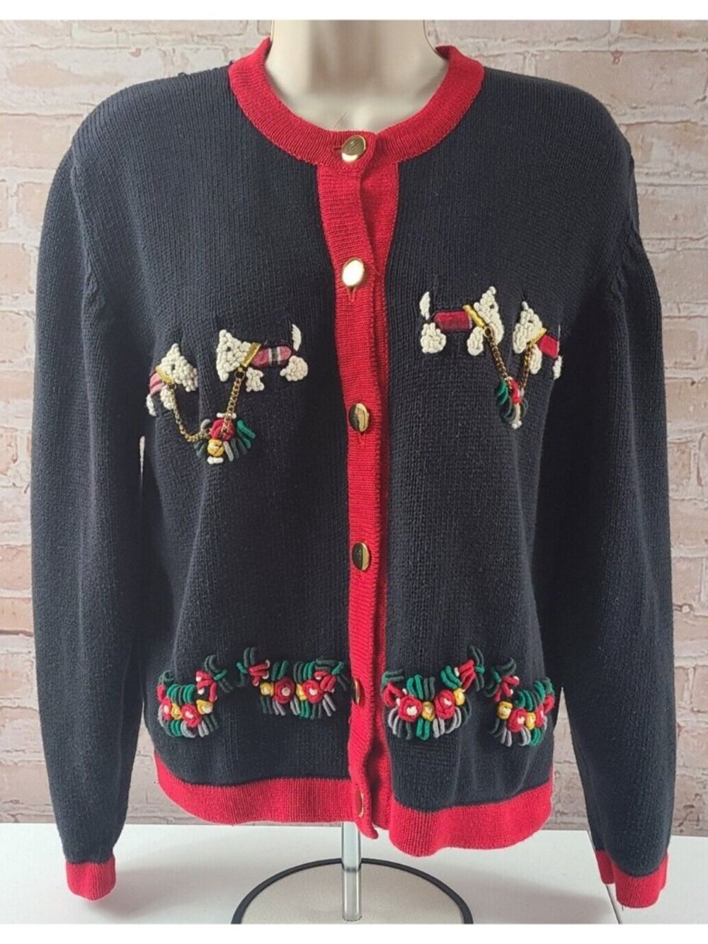 The Eagle's Eye Black Red Cardigan Sweater Holiday Scottish Dogs Flowers Women L